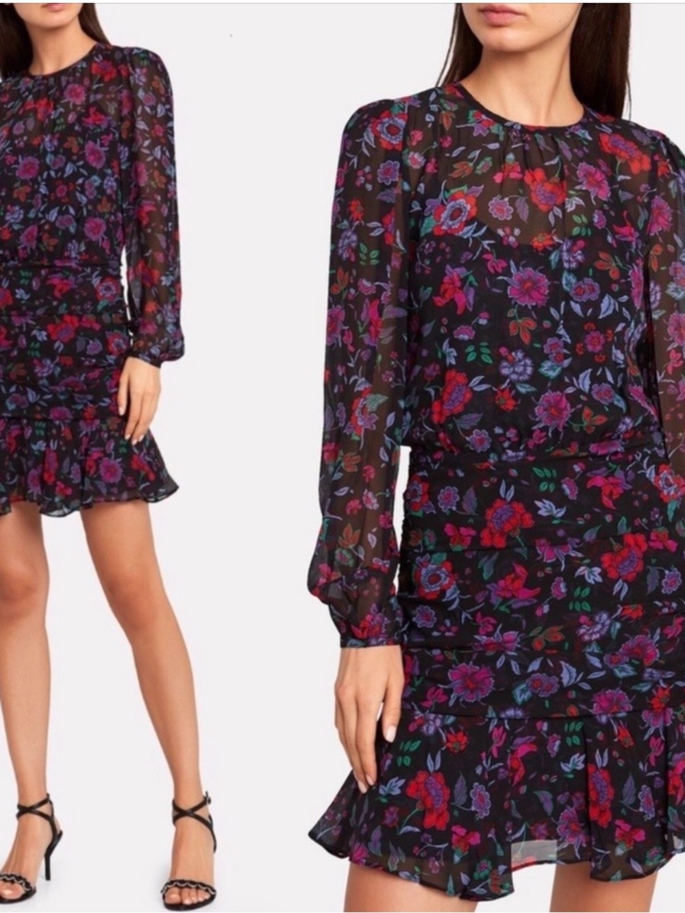 Veronica Beard  Ruffle Hem Long-Sleeve Dress - Black with  Floral